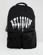 Religion Backpack With Pockets And Dripping Religion Print - Black