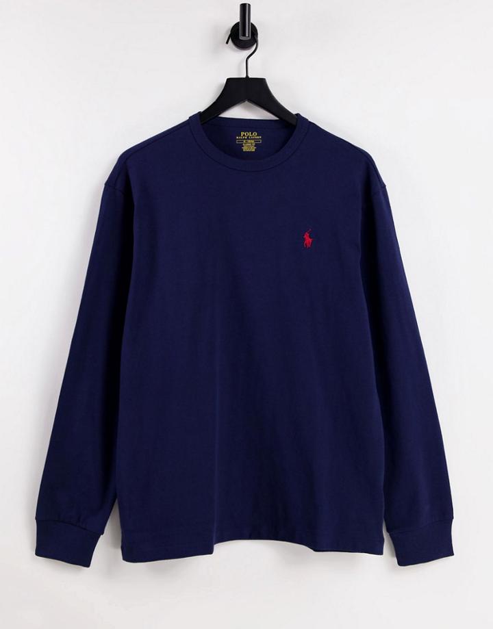 Polo Ralph Lauren Player Logo Heavyweight Long Sleeve T-shirt Classic Oversized Fit In Navy