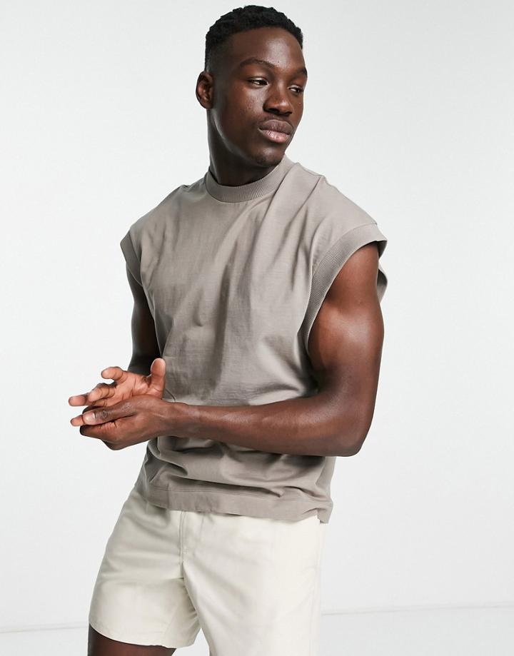 Asos Design Relaxed Tank Top With Rib And Dropped Shoulder In Beige-neutral