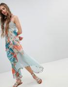 Aratta Cami Dress With Tassel Trim In Ocean View Print - Multi