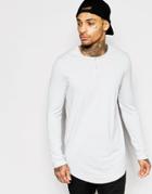 Asos Longline Long Sleeve T-shirt With Grandad Neck And Curve Hem - Gray