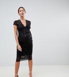 Flounce London Maternity Cap Sleeve Sequin Midi Dress In Black