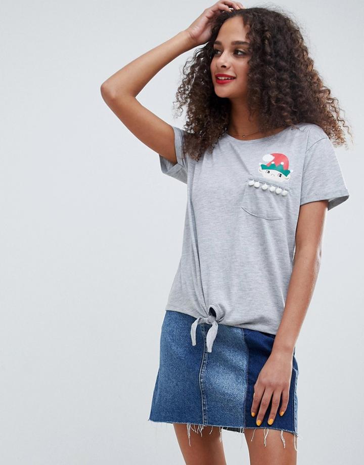 Sugar Dust Christmas T-shirt With Elf In Pocket - Gray