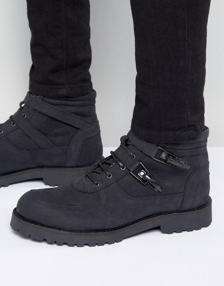 Asos Lace Up Boot With Straps And Chunky Sole In Black Suede - Black