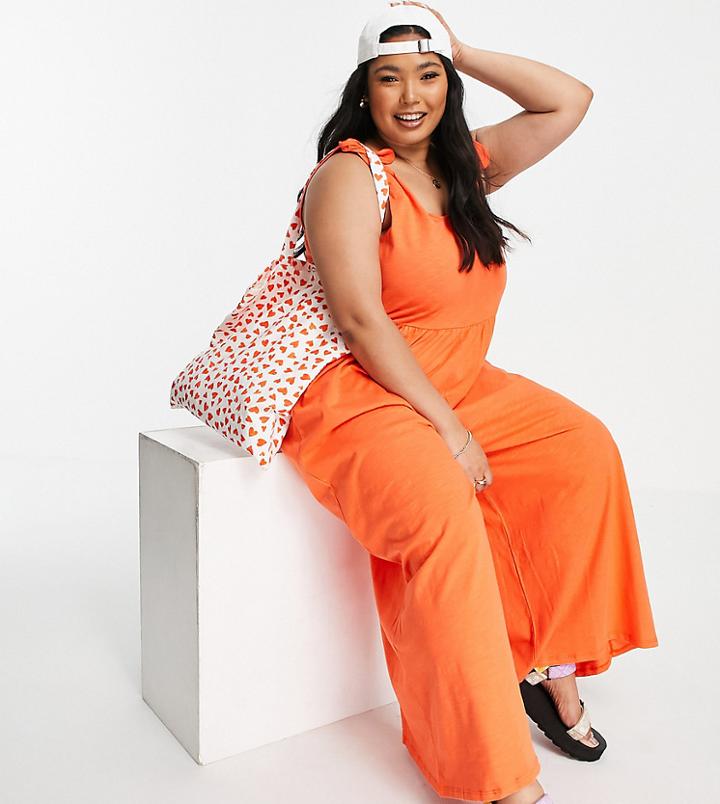 Asos Design Curve Tie Shoulder Smock Jumpsuit In Pop Orange
