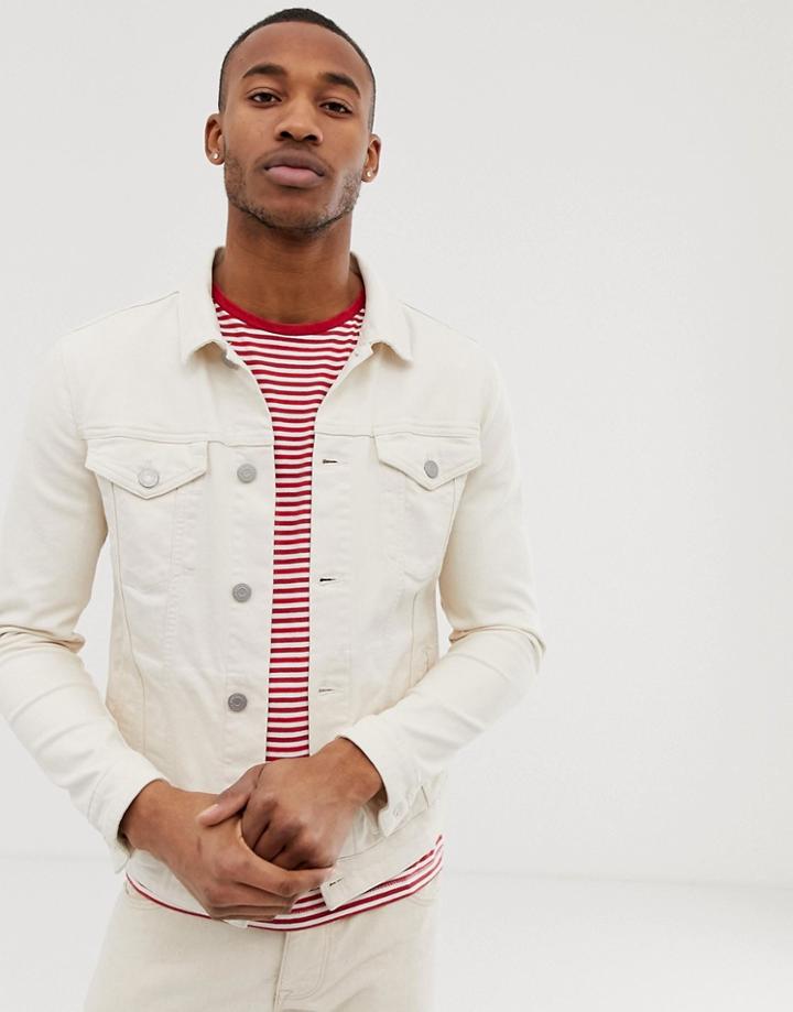 Selected Homme Denim Jacket In Ecru Twill - White