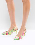 Aldo Kitten Heel Sling Back Shoe In Bright Yellow Floral - Green