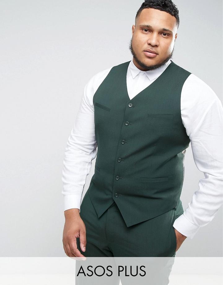 Asos Plus Slim Suit Vest In Green - Green