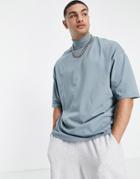 Asos Design Oversized Half Sleeve T-shirt With Turtle Neck In Washed Blue-blues
