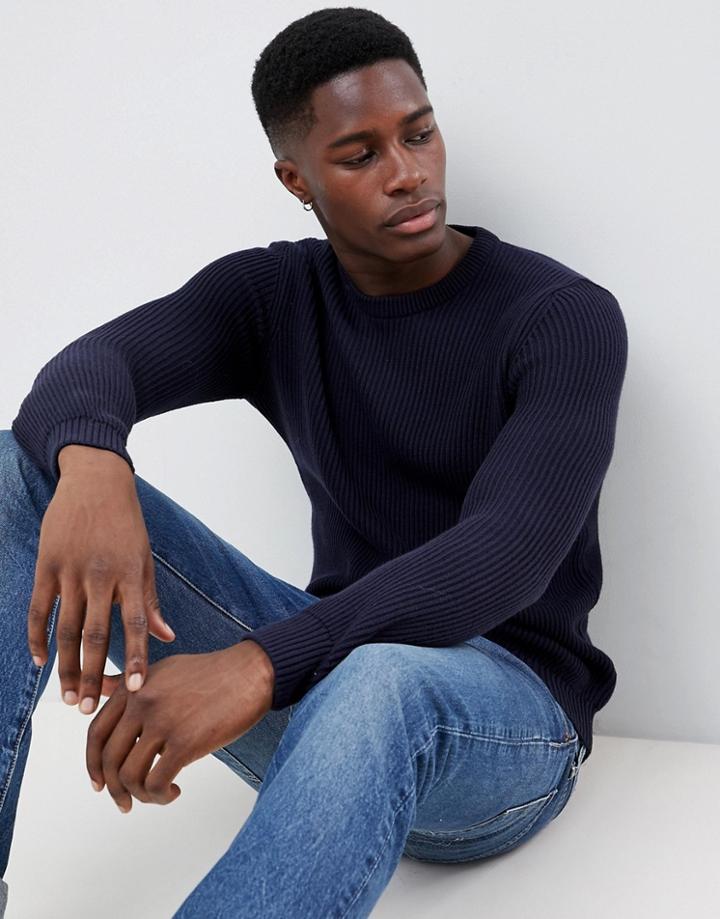 Asos Design Midweight Ribbed Sweater In Navy - Navy
