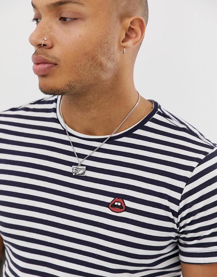 Blend Striped T-shirt With Lips Embroidery - White