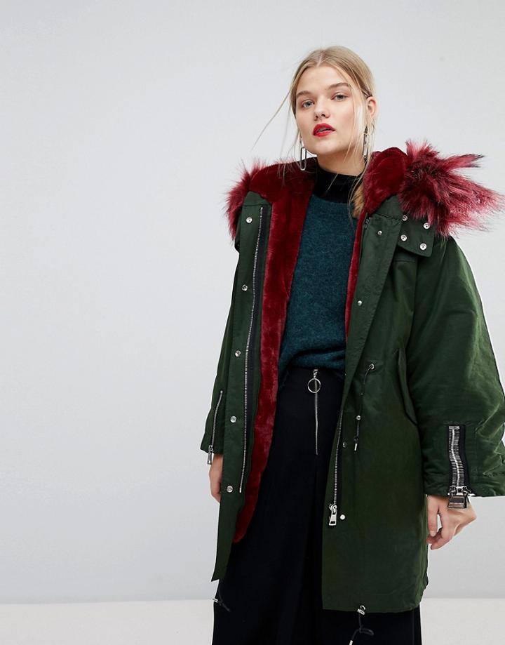 Mango Faux Fur Contrast Parka Jacket - Green