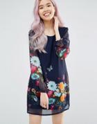Yumi Long Sleeve Shift Dress In Floral & Butterfly Print - Navy