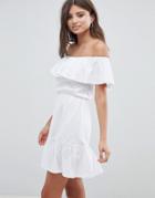 Asos Design Off Shoulder Sundress With Tiered Skirt - White