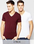 Asos Muscle T-shirt With V Neck In White And Oxblood Save 17%