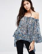 Qed London Off The Shoulder Top In Floral - Blue