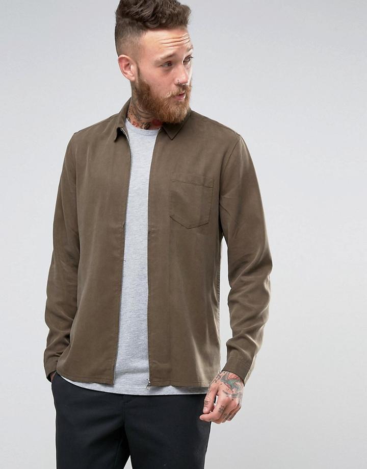 Asos Zip Through Shirt In Khaki Drape Fabric In Regular Fit - Green