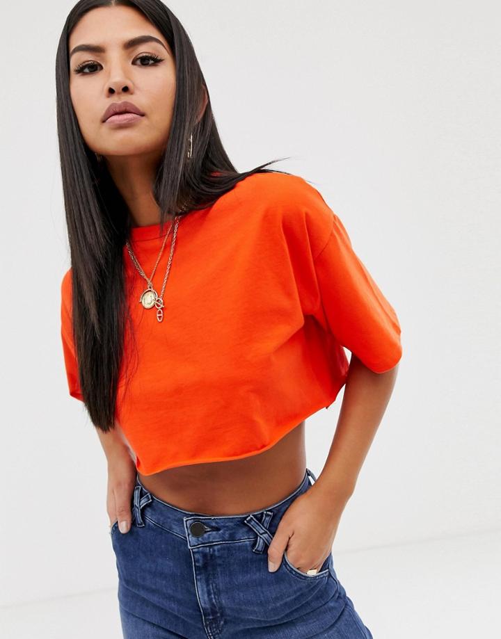 Asos Design Super Crop T-shirt With Raw Edge In Red - Red