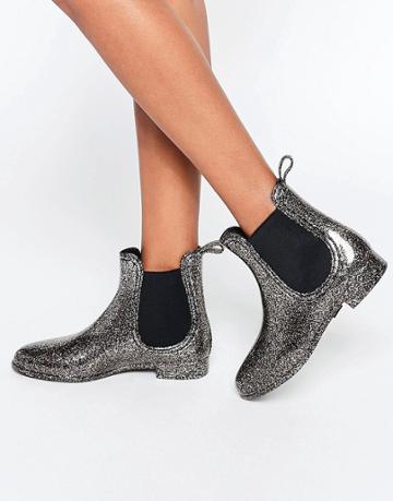 Juju Black Glitter Chelsea Wellington Boots - Black