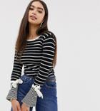 Missguided Flared Sleeve Tie Detail Sweater In Mono Stripe - Black