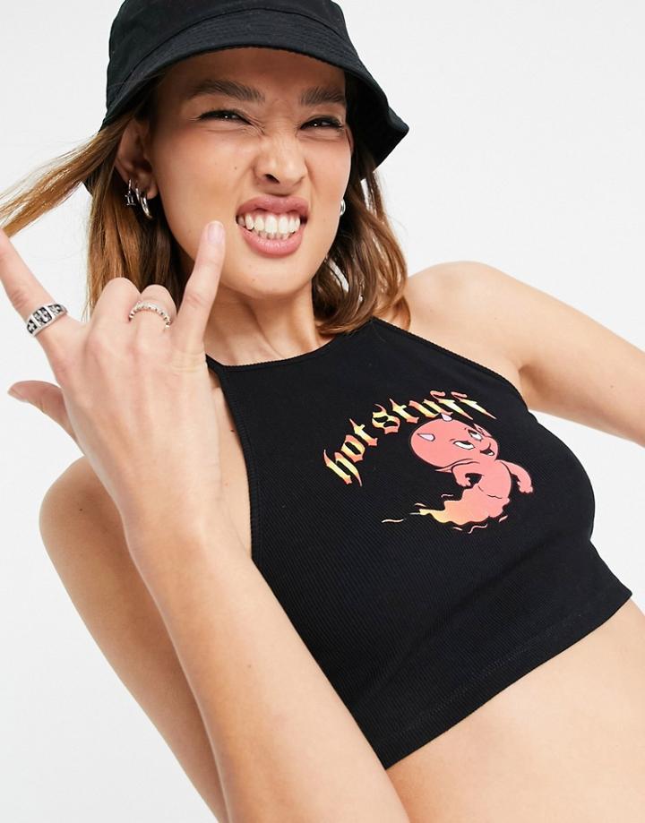Bershka Flame Graphic Halterneck Crop Top In Black