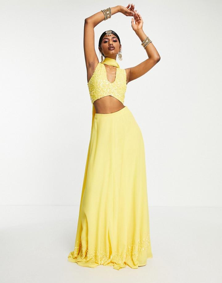 Maya Delicate Sequin Embellished Lehenga Maxi Skirt In Yellow-green