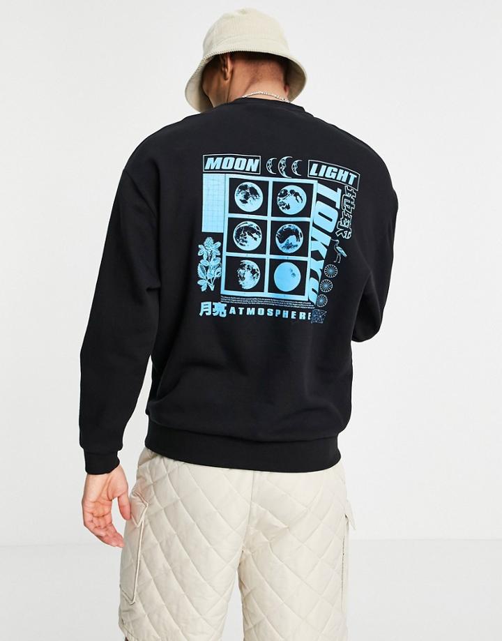 Asos Design Oversized Sweatshirt In Black With Neon Tokyo Back Print