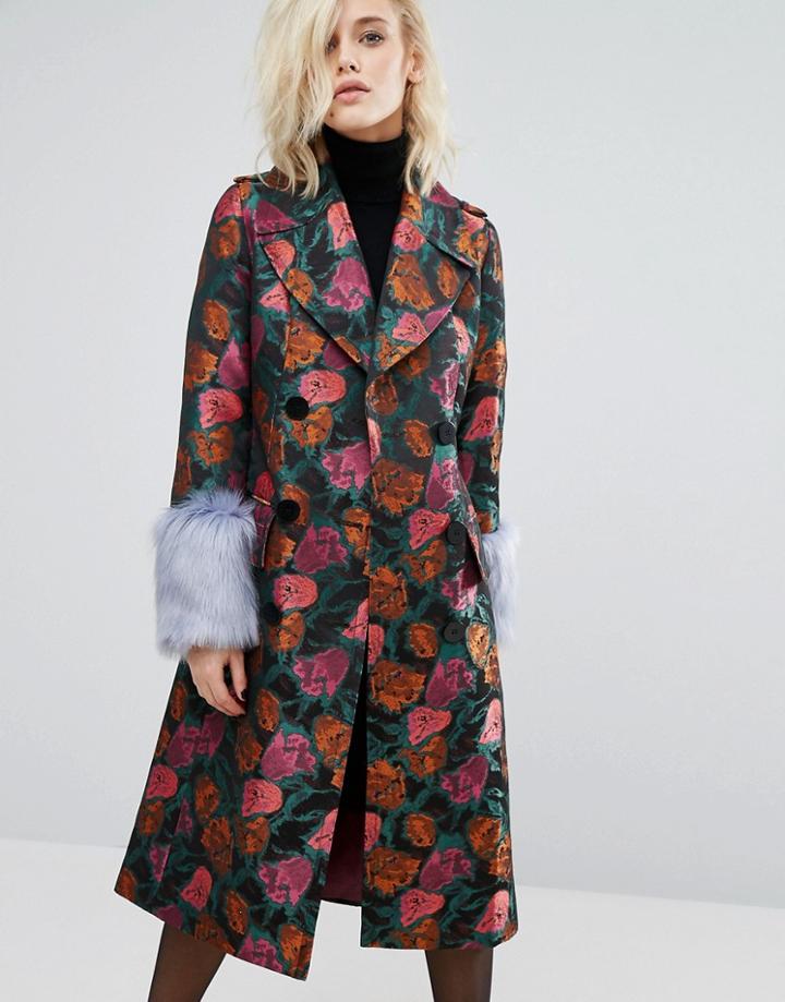 Asos Coat In Jacquard With Faux Fur Cuff - Multi