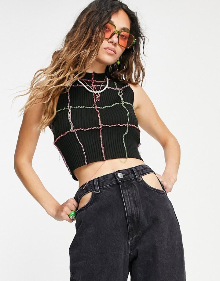 The Ragged Priest High Neck Knitted Crop Top With Overlocking-black