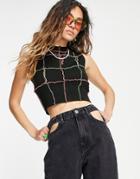 The Ragged Priest High Neck Knitted Crop Top With Overlocking-black