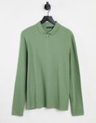 Asos Design Long Sleeve Waffle Polo With Quarter Zip Detail In Green