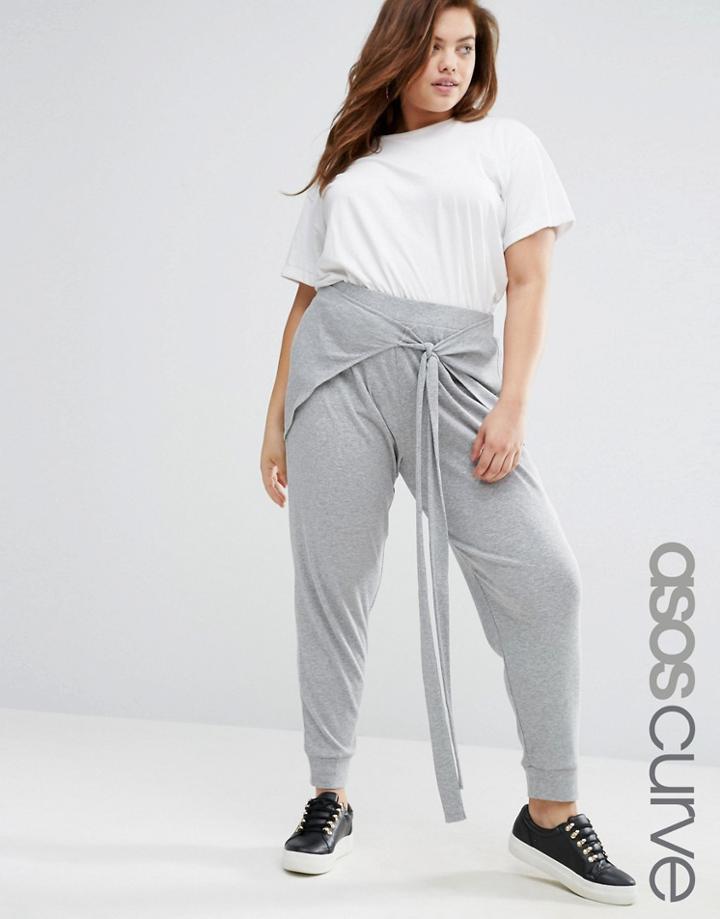 Asos Curve Rib Jogger With Tie Front - Gray