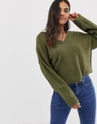 Asos Design Fluffy Sweater With V Neck-green