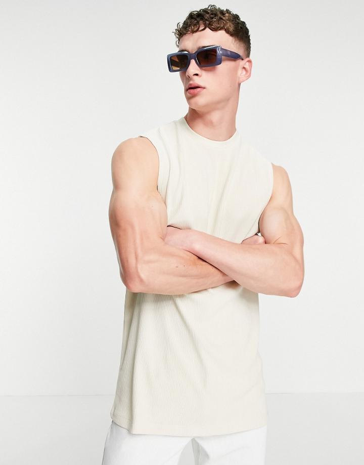 Asos Design Oversized Longline Rib Tank In Light Beige-neutral