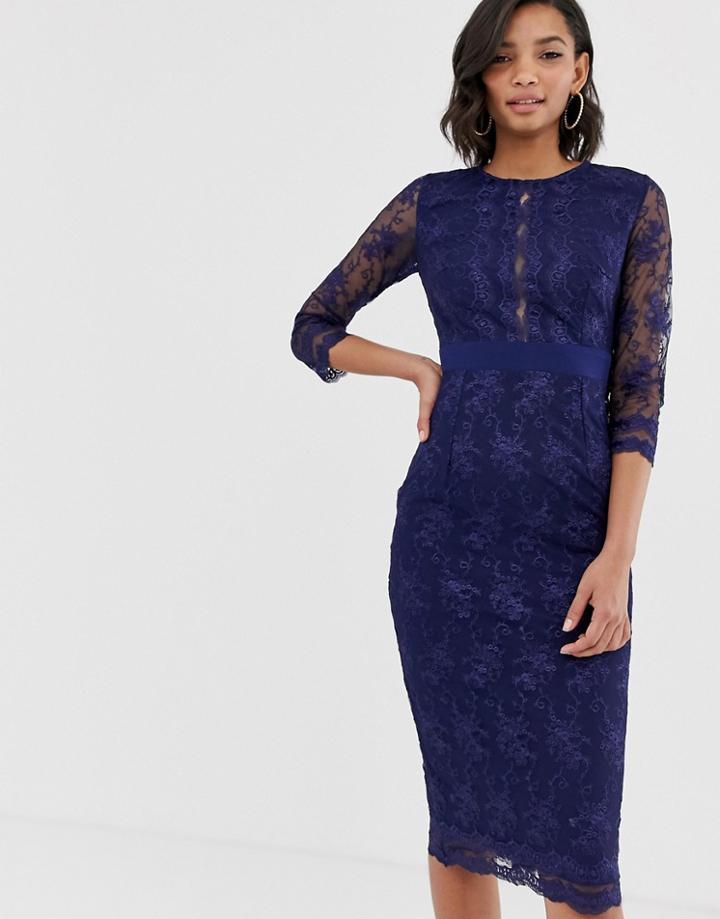 Little Mistress Lace Long Sleeve Midi Pencil Dress-black
