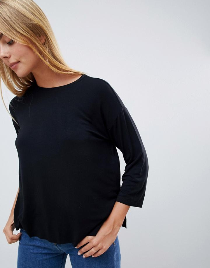 Asos Design Top With 3/4 Sleeves In Drapey Fabric In Black - Black