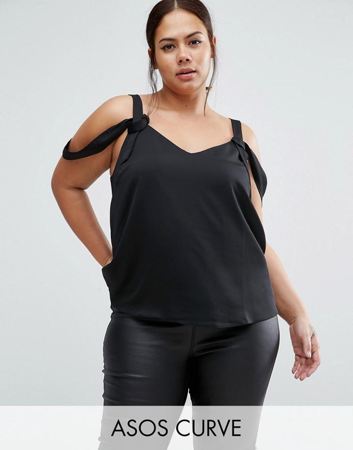 Asos Curve Satin Cami With Cold Shoulder Tie Detail - Black