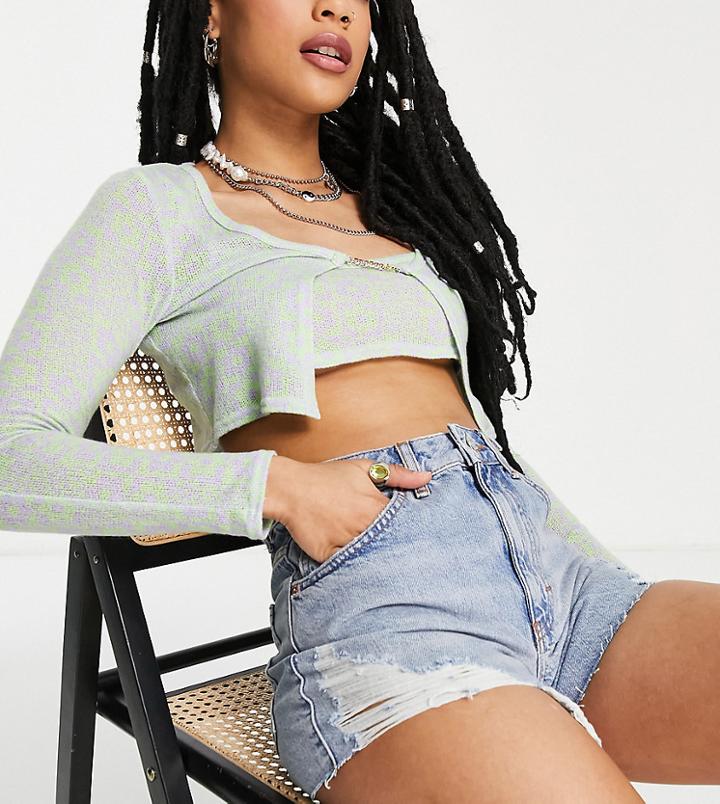 Topshop Petite A Line Mom Shorts With Rip In Mid Blue