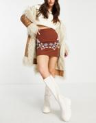 Daisy Street Mini Skirt In Brown With Western Style Embroidery