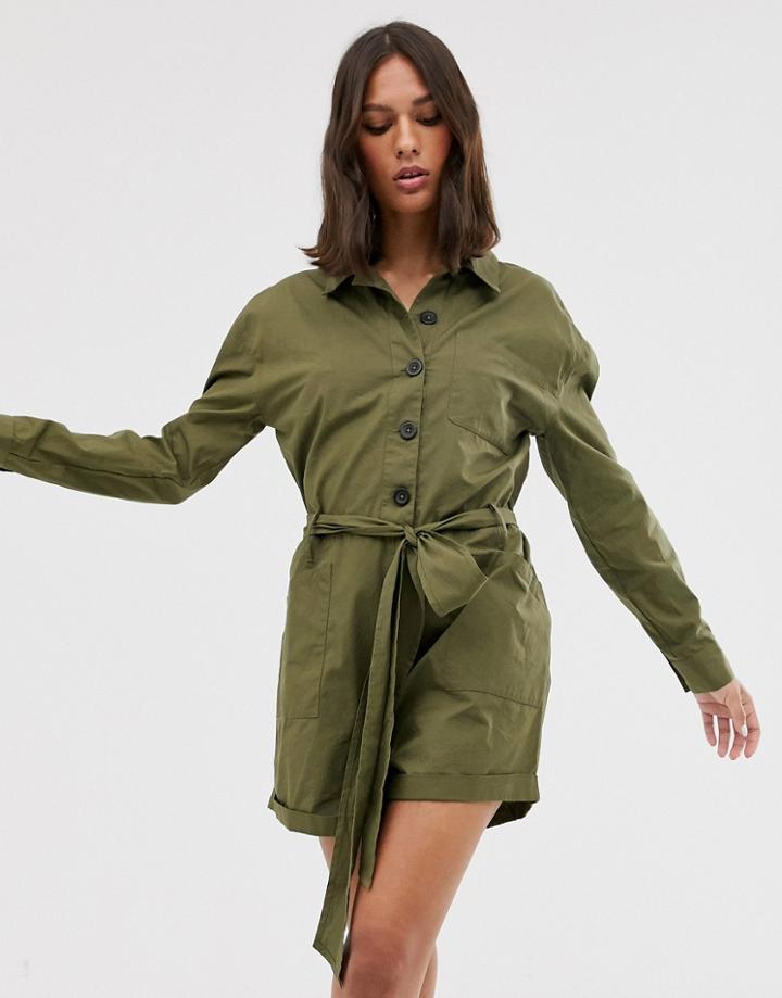 Asos Design Boiler Romper With Tie Waist - Green