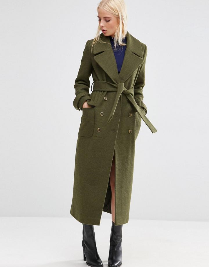Asos Midi Coat With Tie Belt - Khaki