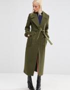Asos Midi Coat With Tie Belt - Khaki