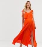 Asos Design Maternity Nursing Tie Shoulder Pleated Crop Top Maxi Dress-orange