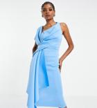 Asos Design Tall Bare Shoulder Pencil Midi Dress In Blue-multi