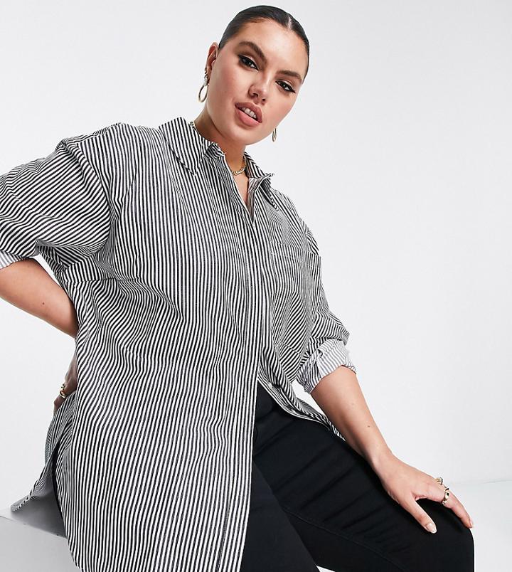 Asos Design Curve Edit Longline Oversized Poplin Shirt In Mono Stripe-multi