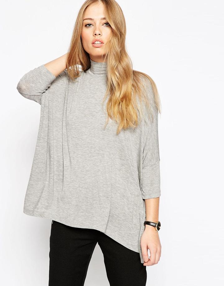 Asos Asymmetric Hem High Neck Top - Gray Marl