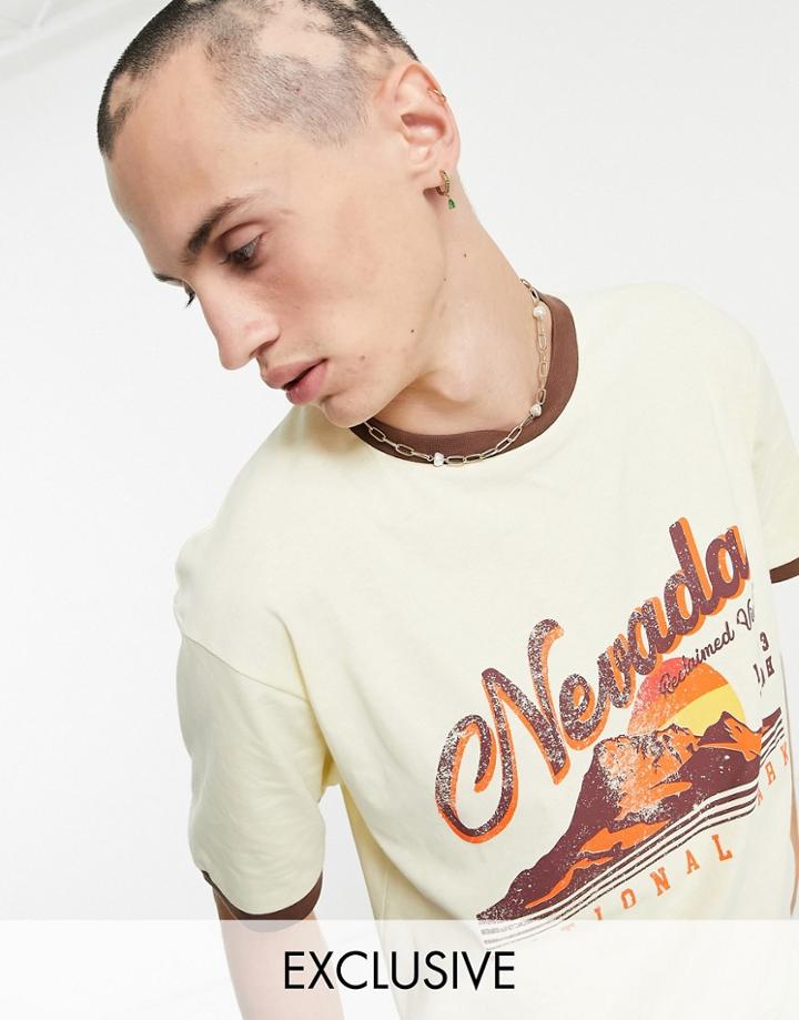 Reclaimed Vintage Inspired Organic Cotton Ringer T-shirt With 70s Mountain Print-white