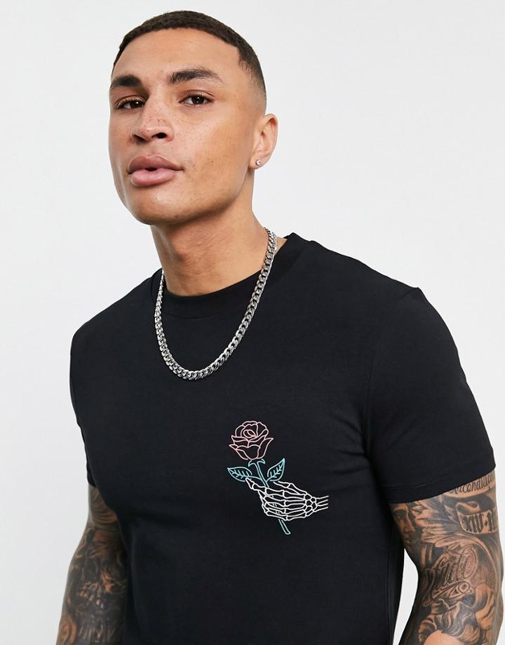 Asos Design Skinny T-shirt In Black With Chest Rose & Hand Print