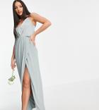 Tfnc Tall Bridesmaid Satin Halterneck Top Maxi Dress In Sage-green