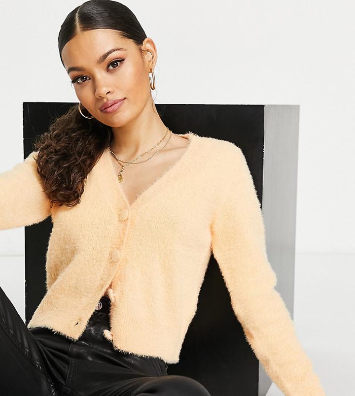 Vila Petite Fluffy Knit Cardigan In Apricot-orange